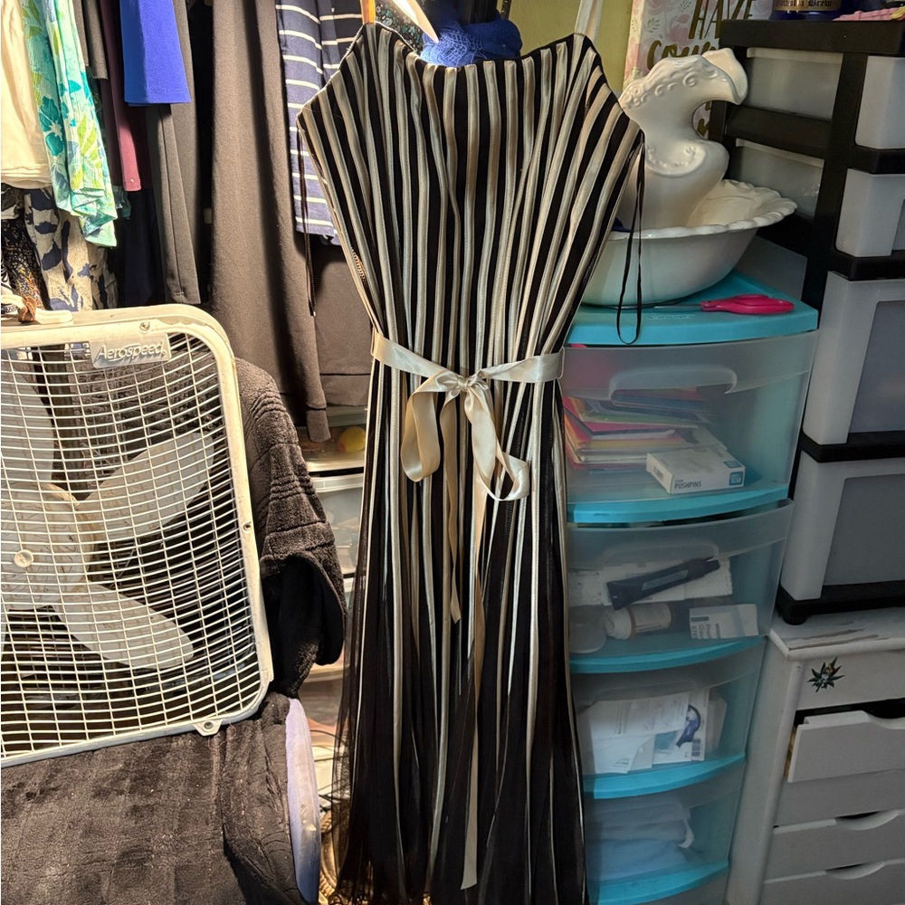 Sandra Darren Black and Cream Striped Maxi Dress